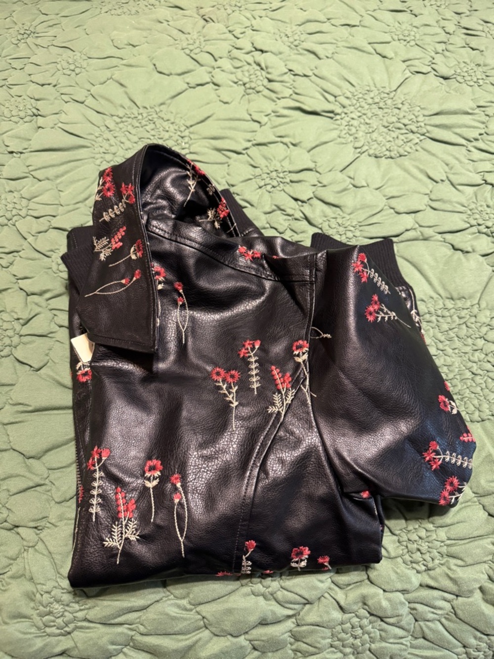 ✨ Anthropologie Faux Leather Floral-Embroidered Bomber Jacket Sz M - Picture 9 of 10